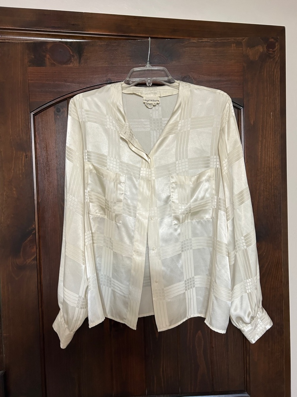 Cream Satin Plaid Button-Front Blouse - Women